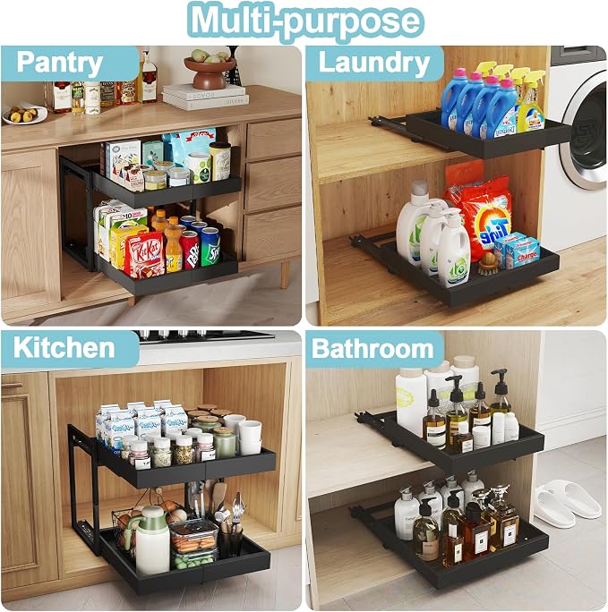 2-Tier Expandable Pull Out Cabinet Organizer, Cabinet Drawers, 21"D | Cabinet Pull Out shelves, Adjustable Pantry Drawers, Slide Out Drawers for Kitchen Cabinets, Under Sink Organizer,Large Black - Image 7