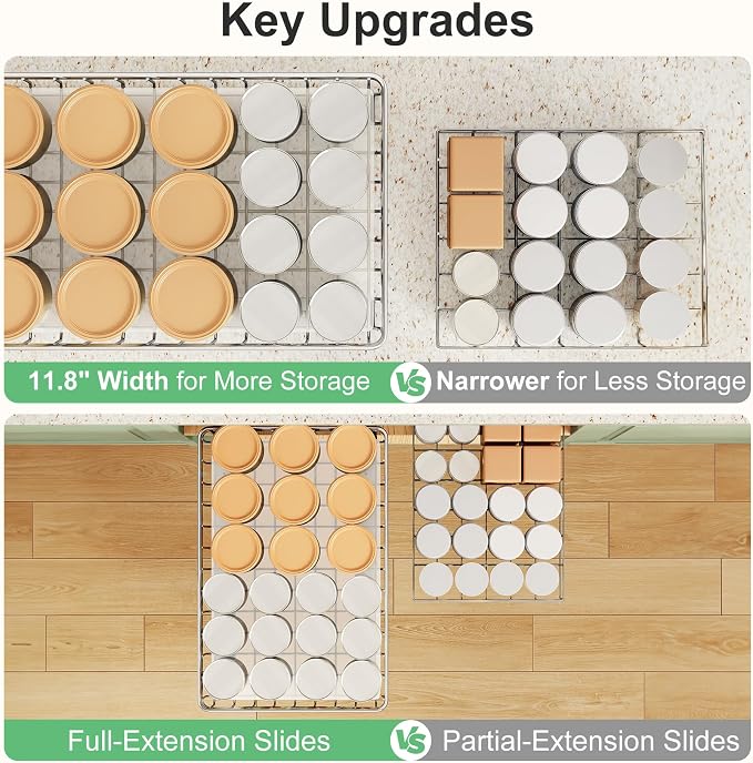 Stainless Steel Pull Out Cabinet Organizer(11.8"W x 16.5"D x 4.7"H)-1 Pack, Minimalist Design Frame, Full-Extension Slide Rails, Easy Installation for Pantry Organizers or Kitchen Cabinet Organizer - Image 6