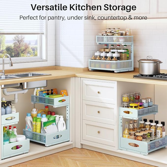 Under Sink Organizer, 2 Pack 2 Tier Pull Out Under Cabinet Organizer Shelf with Pad for Framed Cabinets, Metal Slide Out Under Sink Storage, Mesh Sliding Drawers for Kitchen Bathroom Laundry, Blue - Image 8