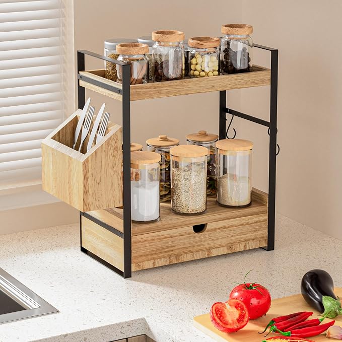 2-Tier Bathroom Counter Organizer, Wooden Vanity Shelf with Drawer & Basket | Pre-Drilled Holes, Skincare & Makeup Countertop Organizer and storage - Image 5