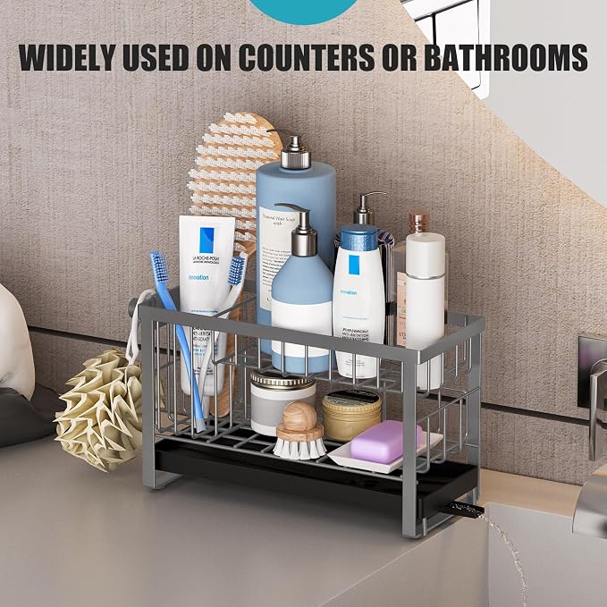 Sponge Holder for Kitchen Sink with Flexible Smiley Face, 2 Tier Kitchen Sink Organizer, Countertop and Storage Essentials, Soap Dispenser Organizer, Home Decor Accessories - Gray - Image 7