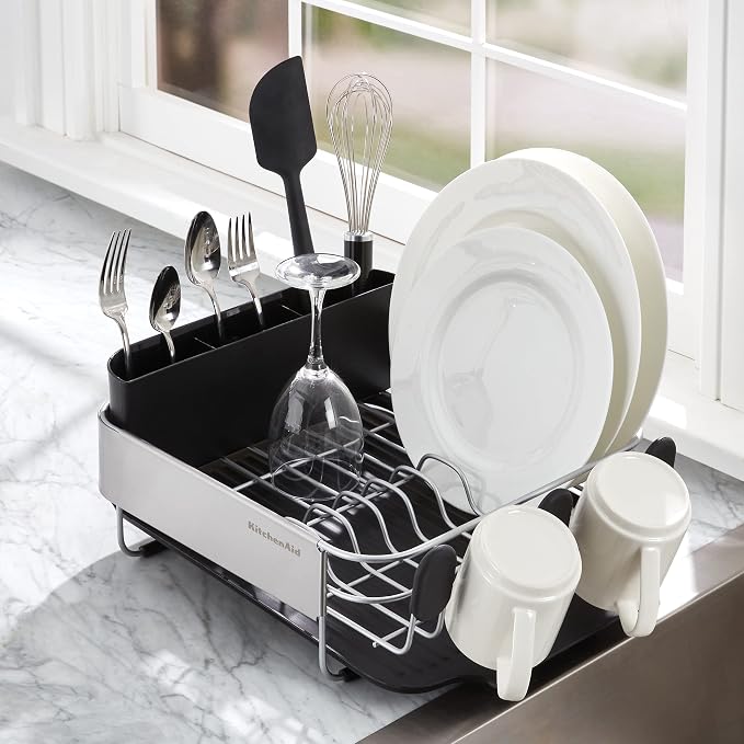 KitchenAid Compact, Space Saving Rust Resistant Dish Rack with Removable Flatware Caddy and Angled Self Draining Drainboard, 16.06-Inch, Black (Pack of 4) - Image 5
