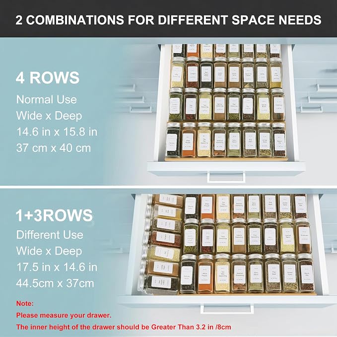 Spice Drawer Organizer with 35 Spice Jars,216 Labels,25 Non-slip Rubber, Bamboo 4 Tier Seasoning Rack Tray Insert for Kitchen Drawers,Cabinets,Countertop,14.6" Wide x 15.8" Deep - Image 7