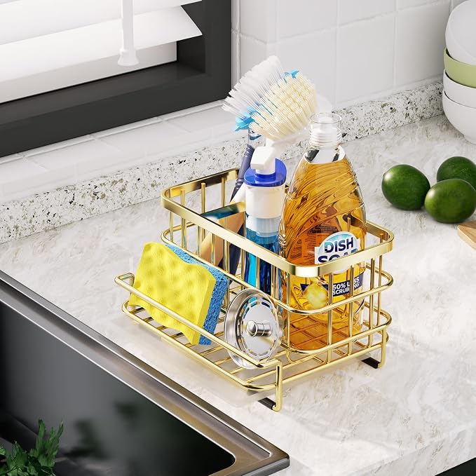 HapiRm Multifunctional Kitchen Sink Organizer with Removable Drain Tray, Quick Draining Rustproof Sink Caddy, Stainless Steel Kitchen Sponge Holder for Holds Sponge, Cleaning Towel and Scrubber - Gold - Image 2