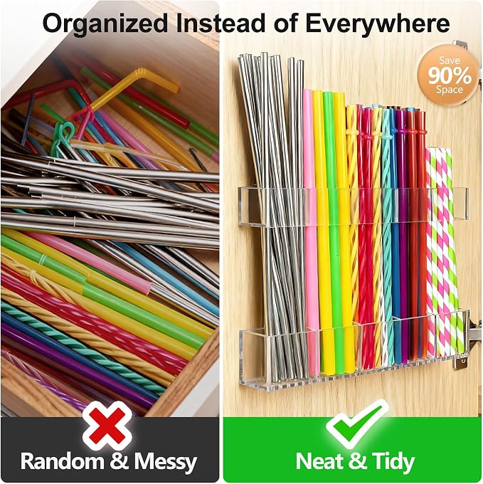 9.5” Large Acrylic Straw Holder for Cabinet Door, Adjustable Two-Part | Reusable Straws Organizer with Ultra Sticky Adhesive Strips, 2026 Straw Storage for Kitchen Cupboard (Transparent) - Image 6