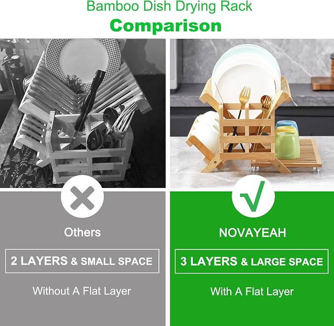 NOVAYEAH Bamboo Wooden Dish Rack, Wooden Dish Drying Drainer Rack | 3-Tier Collapsible Large Dish Drying Rack Folding Drying Holder for Kitchen Counter, Plate Holder Organization - Image 3