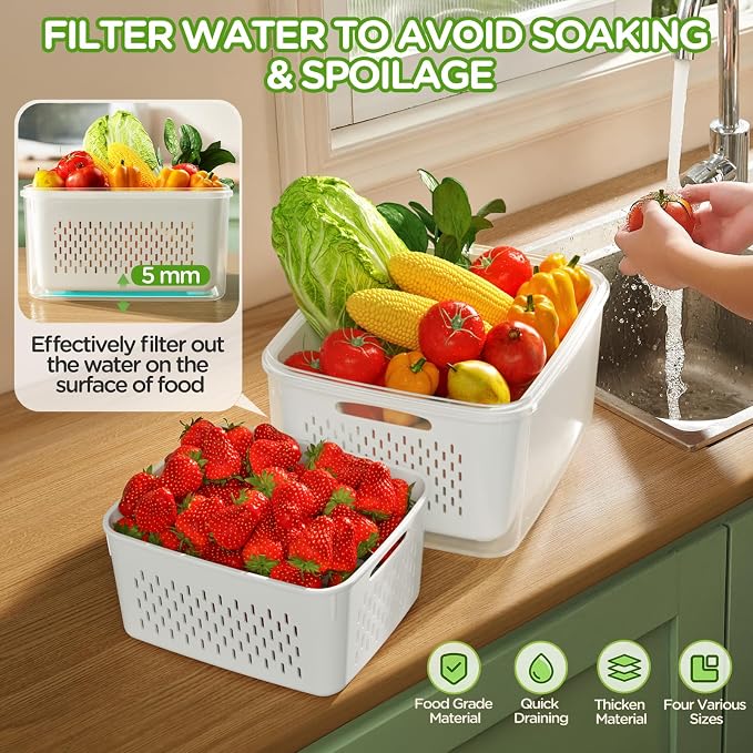 4 PCS Fruit Storage Containers for Fridge, Produce Containers for Fridge with Removable Colander, All-In-One Fruit Washing Bowl with Strainer Microwave/Dishwasher Safe for Salad Berry Lettuce Keeper - Image 2