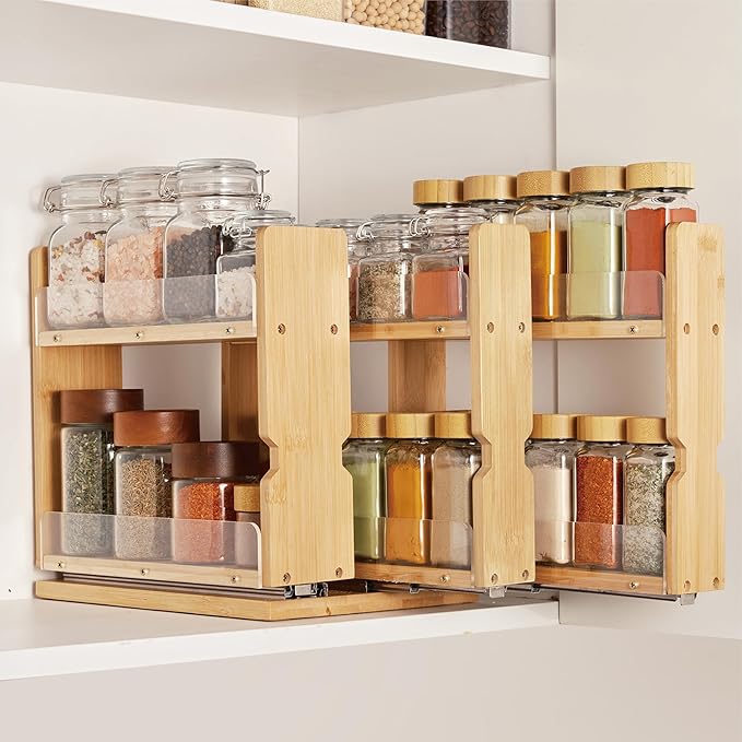 Bamboo Pull Out Spice Rack Organizer for Cabinet, 3 Slide-Out Drawers(2"&3") with Wide Drawer for Large Bottles, Kitchen Pantry Heavy-Duty Sliding Vertical Organization, 8.6"W,2-Tier,Natural by Unknown