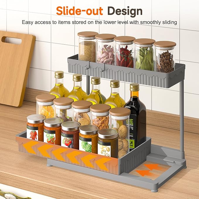 3-Pack 2-Tier L-Shaped Under Sink Organizers with Sliding Drawers | Multi-use kitchen & bathroom storage, 12.85 inch grey cabinet organizer, space-saving sliding drawer design. - Image 3
