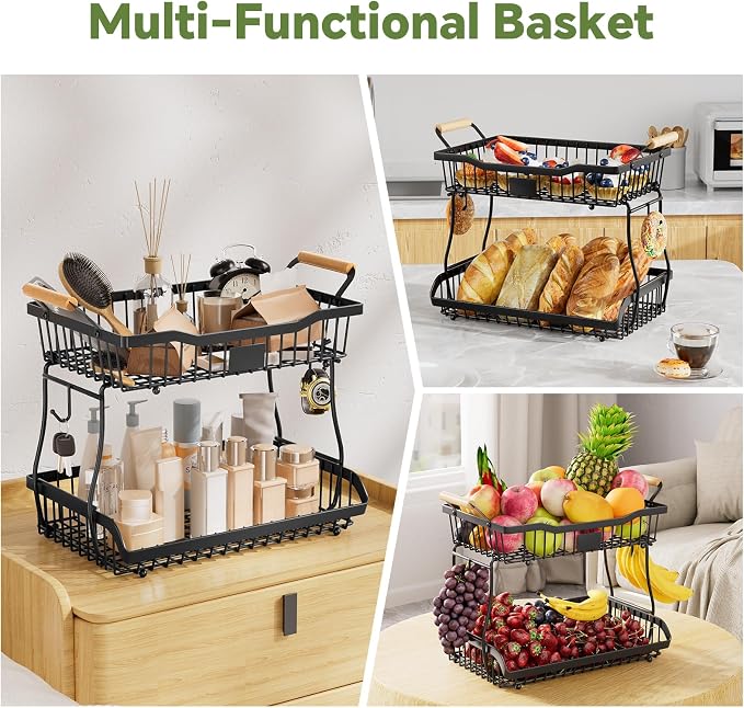 Simple Trending Fruit Basket 2-Tier Detachable, with Banana Hangers & Rust-Proof Metal Mesh, Ventilated Kitchen Organizer for Countertop, Perfect for Fruits, Vegetables, Snacks Storage - Image 6