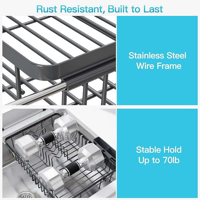 JASIWAY Gray Dish Drying Rack Over the Sink with Utensil Holder | Expandable Stainless Steel Dish Driainers for Small Kitchen, Apartment, Counter Space Saving, Fast Drain, Rust Resistant - Image 5