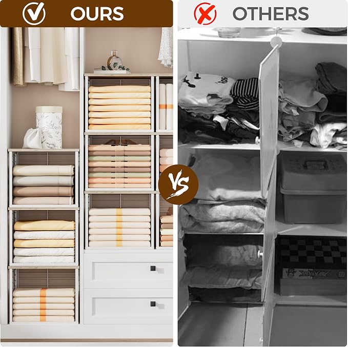 3PCS Stackable Closet Organizers and Storage Basket | with Wood Top Extra Storage, Multifunctional Storage Organizer Bin, Open Wire Basket, Greige and White - Image 5