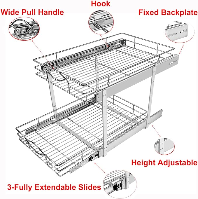 Sikarou Pull Out Cabinet Organizer 14"W 21"D 2-Tier Slide Out Storage Shelf - Image 4