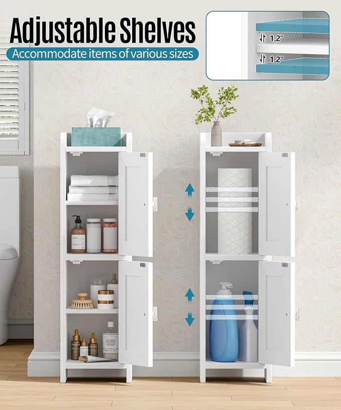 Akxomel Rattan Small Bathroom Cabinet Narrow Toilet Paper Organizer White | 7.9''D x 7.9''W Bathroom Organizer and Storage Cabinet for Small Space, Slim Corner Unit with Adjustable Shelf - Image 8