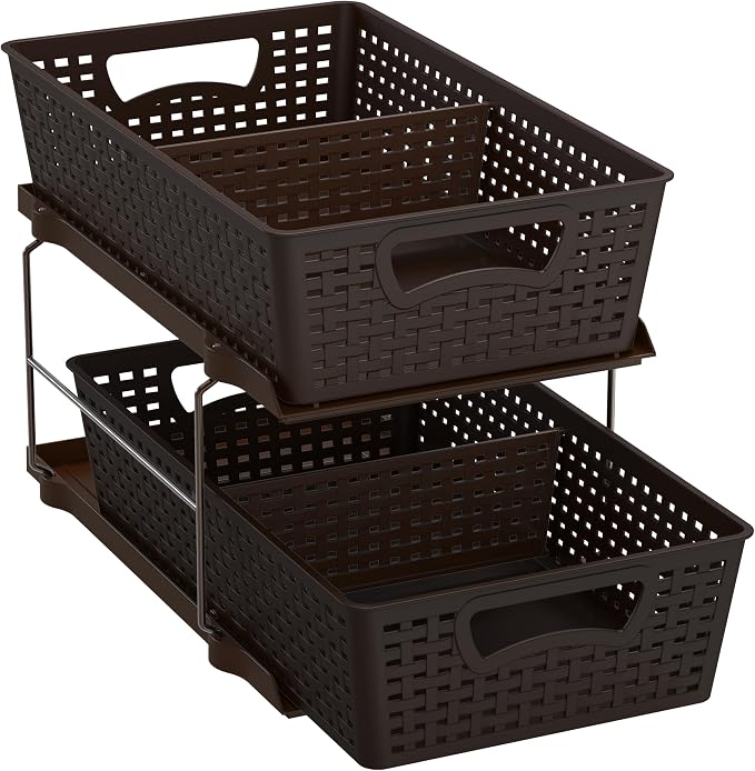 Simple Houseware 2 Tier Pull-Out Sliding Drawer Under Sink Storage, Brown | Great for Kitchen Bathroom Tray Shelf Organizer - Image 4