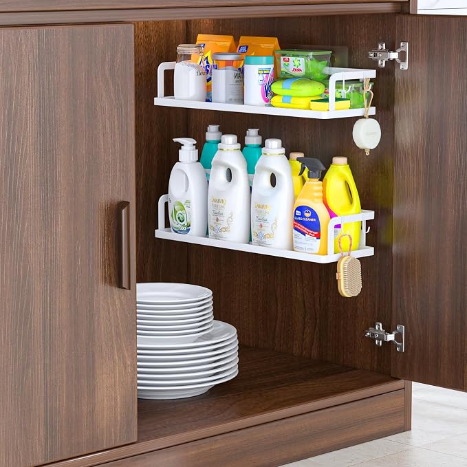 PUSDON 2-Pack 16.5" Extra Long Slim Hollowout Shower Caddy, Wall Mount Spice Rack & Bathroom Organizer, Mesh Bottom Cabinet Door Shelf Holds 50LBS - White, Hollowout - Image 4
