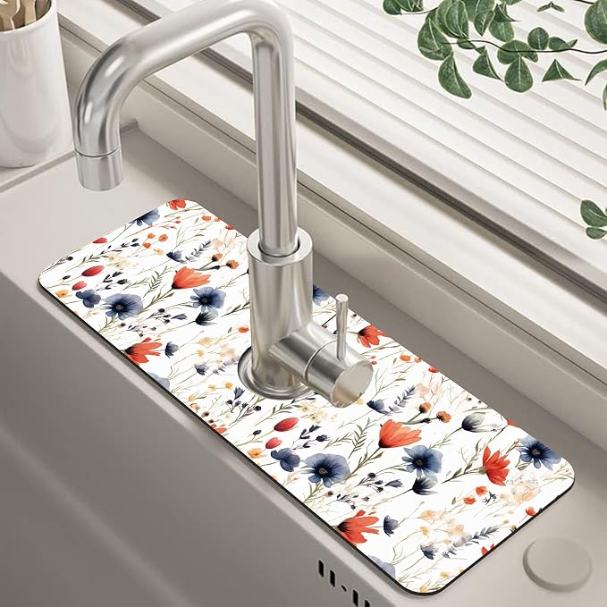 Watercolor Red and Blue Flowers Sink Faucet Absorbing Mat Sink Splash Guard Faucet Mat Draining Mat Fast Drying Sink Protectors for Kitchen and Bathroom 5.5"×15" by Unknown