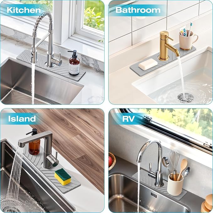 SpaceHacks Stone Faucet Mat for Kitchen Sink 15.7x4 in, Light Gray | Fast Drying Diatomite Stone Drying Mat, Water Splash Guard, Textured Drainage Sink Protector, Suits Bathroom&Kitchen Counter - Image 6