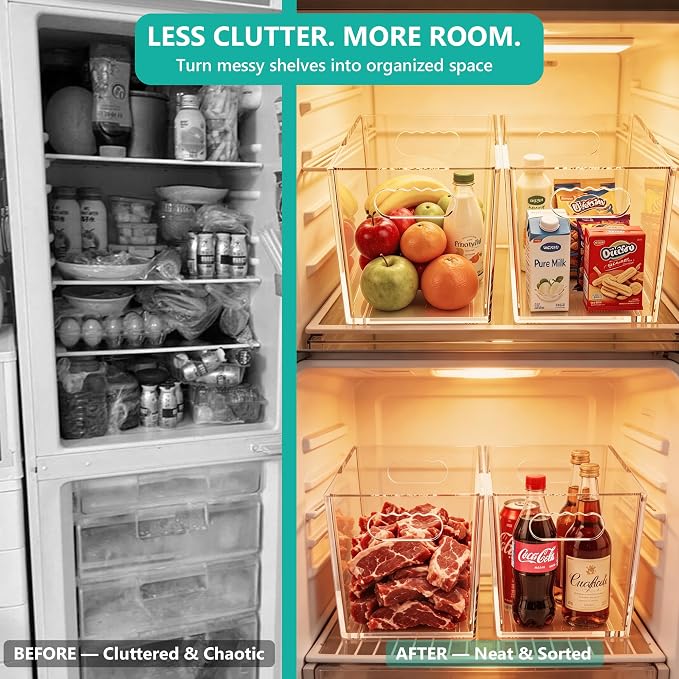 4 Pack Clear Storage Bins, PET Pantry Organizers & No-Tip Storage Containers with Cutout Handles for Fridge Freezer Kitchen Cabinet Closet Countertop, Nestable Open Top Organization Bins Save Space - Image 4