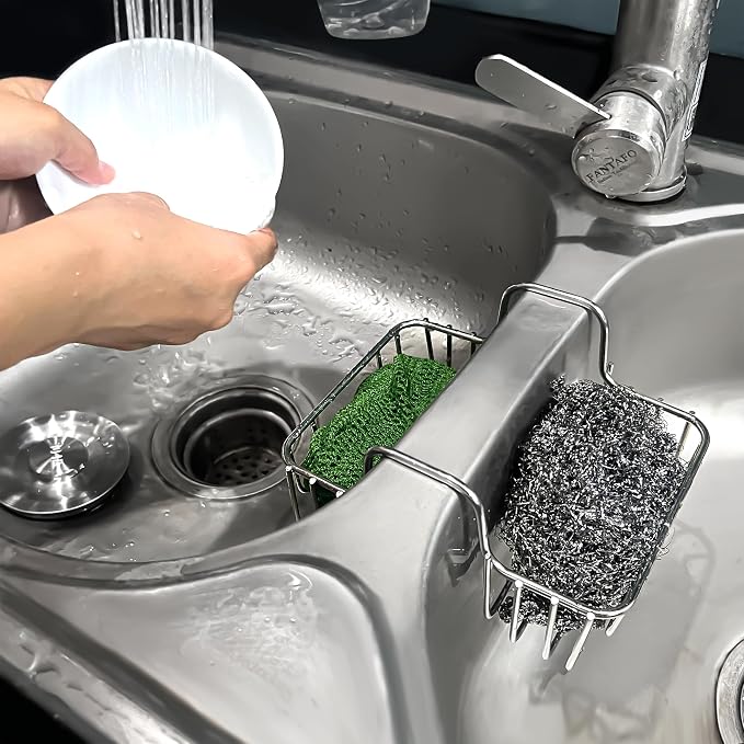 BuleVina Stainless Steel Sponge Holder for Kitchen Sink - Never Rust Hanging Saddle Double for Soap Kitchen Sink Caddy 2.2 inch, Rustproof Organizer for Dishwashing and Brush Drying - Image 8
