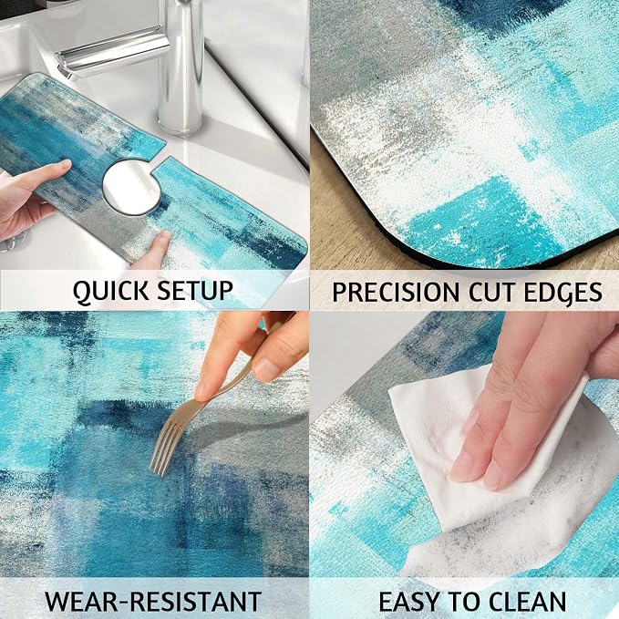 MCALK Turquoise Kitchen Sink Faucet Mat Splash Guard, Absorbent Quick-Dry Kitchen Sink Mat - Ideal for Splash Guard & Drip Catching with Abstract Art Decor( 1pc 15"x5.5") - Image 4