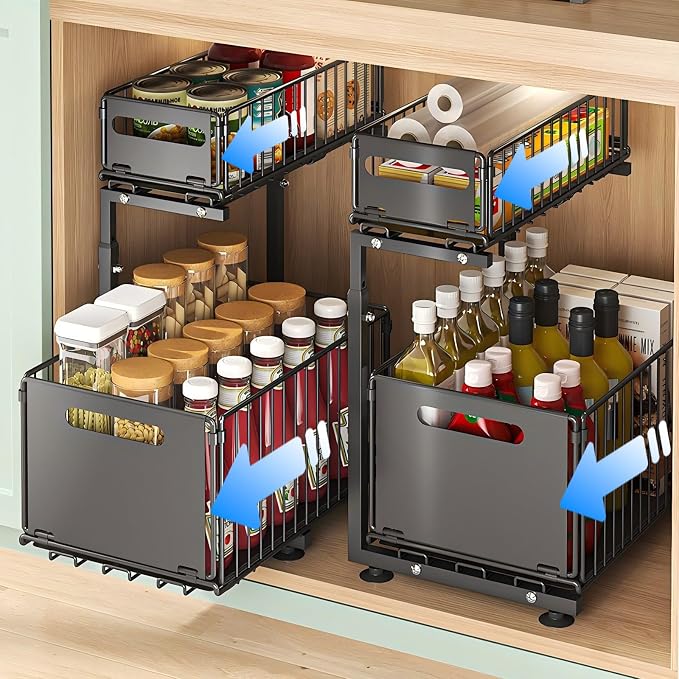 Under Sink Organizer, 2-Tier Multi-Use Kitchen and Bathroom Organizers and Storage, Slide Out Thickened Metal Under The Sink Organizer for Kitchen Bathroom Pantry (Style B Black, 2 Pack) by Unknown