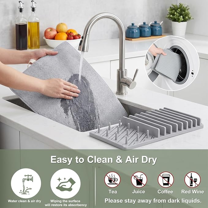 2-in-1 in Sink Dish Drying Rack with Dish Drying Mat,Collapsible Dish Drying Rack with Mat,Space-Saving Dish Rack for Kitchen Counter,Quick Dry Dish Drainers for Kitchen Sink (Grey White) - Image 6