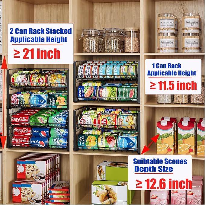 JKsmart 2-Tier Stackable Can Rack Organizer for Pantry, Adjustable Can Dispenser Holds Up to 60 Cans, Can Storage Holder for Various Ounces of Canned Food Soda Drinks, Black, 2 Pack - Image 7