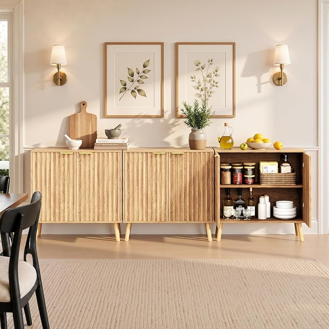 Set of 3 Fluted Storage Cabinet, Buffet Cabinet with Storage, Wood Sideboard with Adjustable Shelf, Modern Accent Cabinet & Console Table for Entryway, Living Room, Dining Room, Natural - Image 8