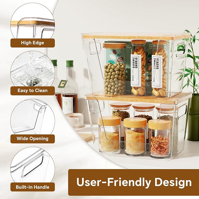 2 Set Pantry Organizers and Storage with Bamboo Lids, Stackable Clear Bins for Onion, Potato, Fruit, Vegetables, Trash Bag Dispenser, Kitchen and Under Sink Organizer - Image 5