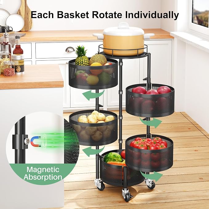 SAYZH 5 Tier Fruit Vegetable Basket Stand for Kitchen, Rotating, Black | Rolling Storage Cart with top lid, Large Metal Wire Rack for Potato and Onion Storage - Image 2