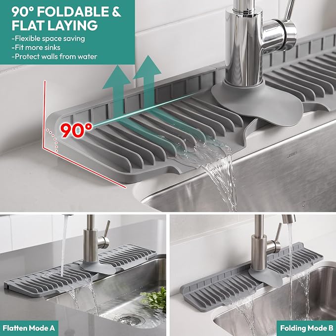 24" Longer Silicone Faucet Mat for Kitchen Sink Splash Guard | 8° Slope Fast Self-Draining, No-Cut Universal Fit Single Faucet Draining Mat, Countertop Protector Kitchen & Bathroom, Grey - Image 6
