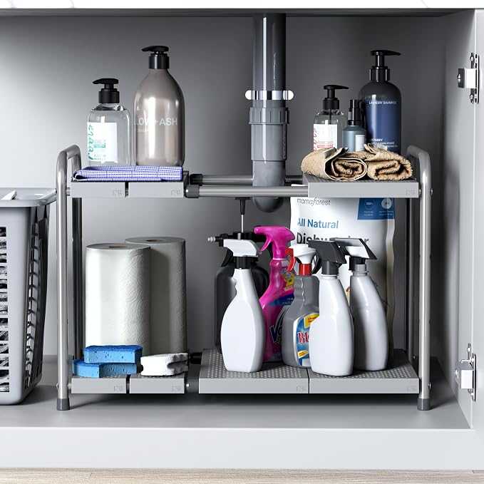 Simple Houseware Under Sink 2-Tier Heavy Duty Expandable Organizer, Silver | Adjustable Width 15.75–25 Inches with 4 Shelf Height Levels - Image 7