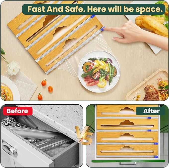Bamboo 4 in 1 Saran Wrap Dispenser with Cutter & Labels - Foil & Plastic Wrap Organizer - Aluminum Foil Wax & Parchment Wrapping Paper Storage for Kitchen Drawer - 12" Roll - Image 7