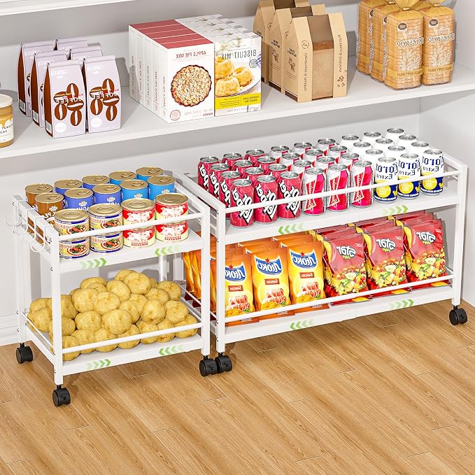 1 Pack 2-Tier Expandable Pantry Floor Organizer Cart, Rolling Pantry Storage Cart with Wheel, Adjustable Can Organizer for Kitchen Pantry, Pantry Shelves and Storage Rack for Snacks, Vegetables, White by ThreeHio