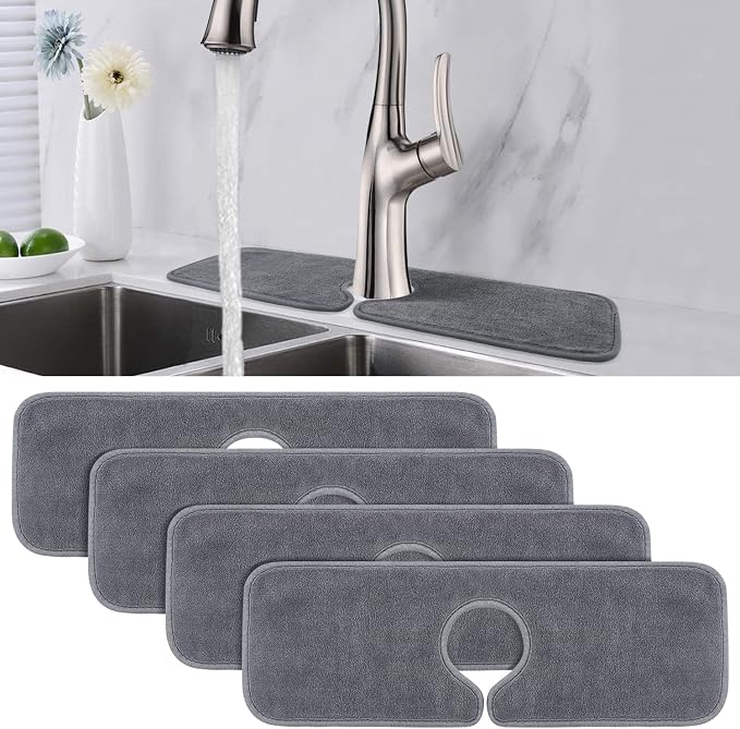 PoYang 4 Pack Faucet Mat for Kitchen Sink Splash Guard, Short 17.7x4.7 Inch | Super Absorbent Microfiber Faucet Mat, Catch Splashes and Drips, Machine Washable Sink Protectors for Kitchen, Bathroom & RV by PoYang