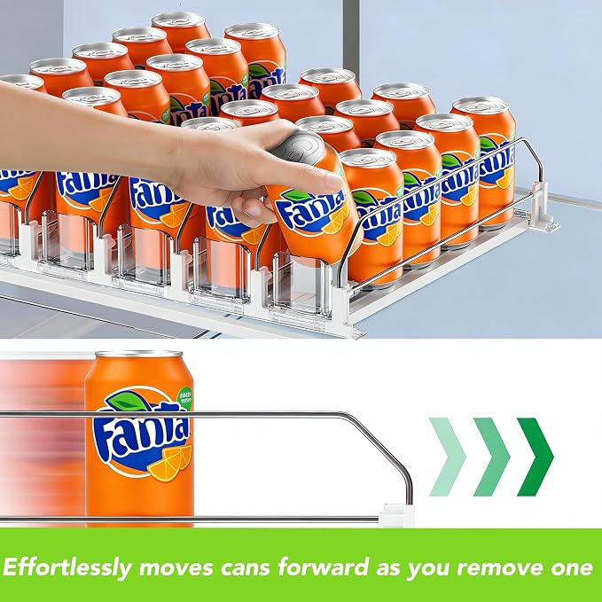 Adjustable White Fridge Organizer, Automatic Can Dispenser & Drink Rack | Holds up to 25 Cans (12oz/16oz/20oz), Gliding Soda & Beer Organizer for Refrigerator - Space Saving Kitchen Storage - Image 5