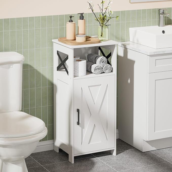 Homhedy Farmhouse Bathroom Storage Cabinet with Doors, Small Floor Cabinet | Toilet Paper Cabinet with Adjustable Shelf, Freestanding Storage Cabinet for Kitchen/Laundry/Living Room, 14"W, White - Image 8
