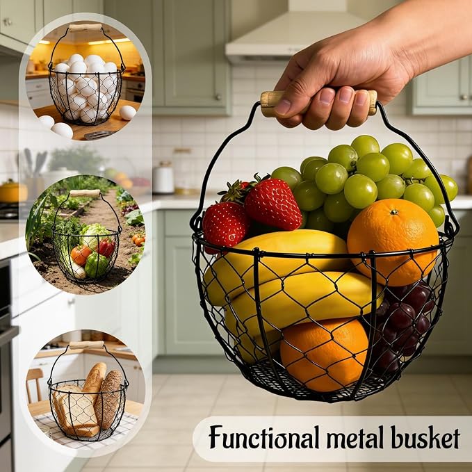 2 Pcs Egg Basket With Handle,Wire Egg Basket for Gathering Fresh Eggs, Round Egg Collecting Basket for Farm,Vintage Style Chicken and Duck Eggs Basket Egg Countertop Storage Container Holder ﻿ - Image 3