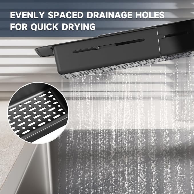 NiHome Extendable Kitchen Sink Caddy Extra Long Brush Sponge Storage Holder | Expandable Kitchen In Sink Organizer Extra Long for Brush & Sponge with Drainage, Adjustable Length, Non-Slip Pads (Black) - Image 8