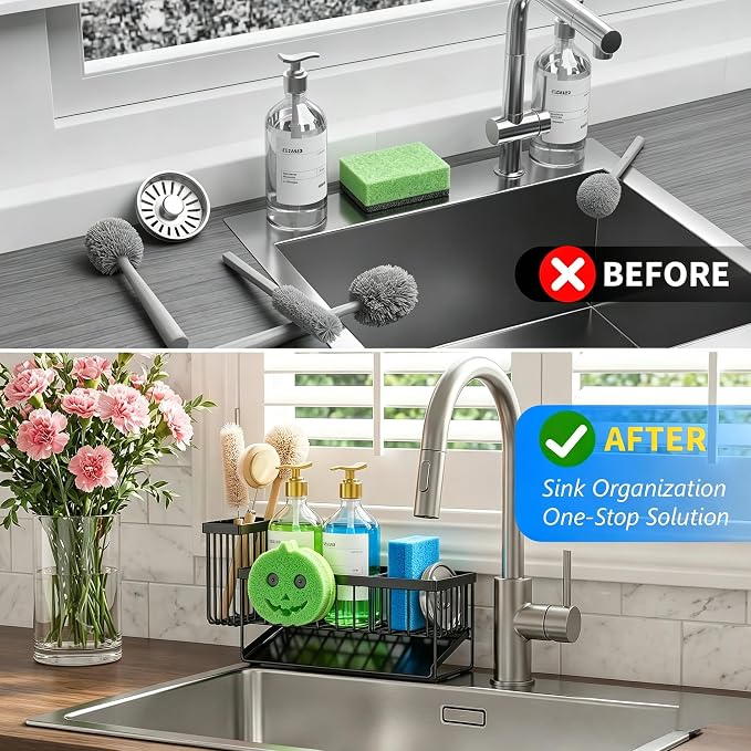 Cisily 9.25'' ponge Holder for Kitchen Sink, Smiley Face Sink Caddy with Removable Brush Holder,Self-Draining Sponge Caddy for Sponge,Soap,Dish Brush,Scrubber,Kitchen Essentials and Gadgets - Image 5