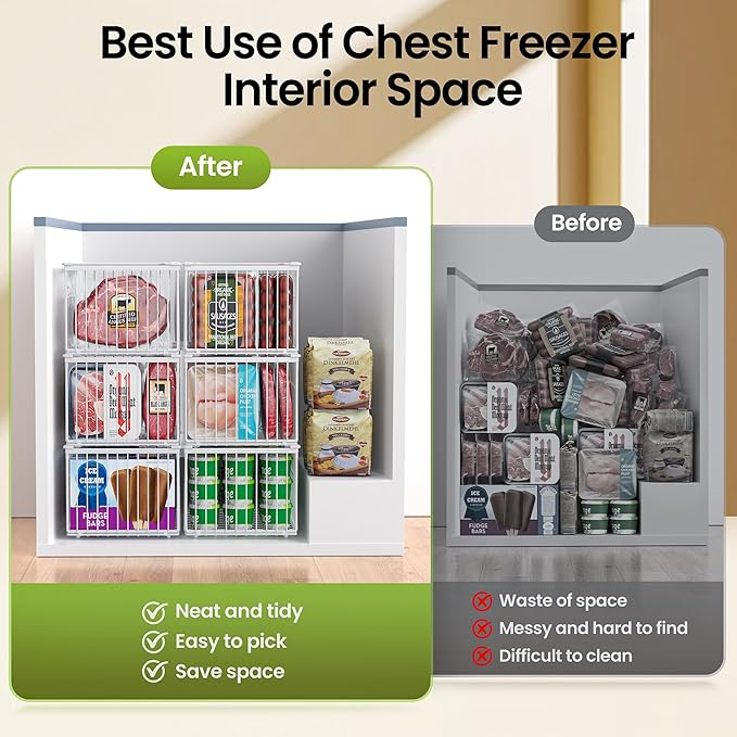 Freezer Organizer Bins, 6 Pack Enlarged Baskets for 5-9 Cu.FT Deep Freezer | Stackable Chest Freezer Organizer Bins, Foldable with Handles, White Storage Container Baskets for Sort Frozen Meats - Image 5