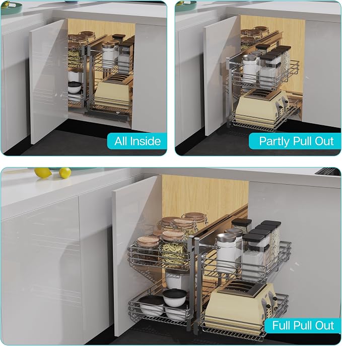 Blind Corner Cabinet Pull Out 2 Tier, Left & Right Blind Corner Cabinet Organizer for 20" W, Cabinet Pull Out 4 Shelves, Chrome, Slide Out Drawers for Kitchen or Bathroom Cabinets - Image 6