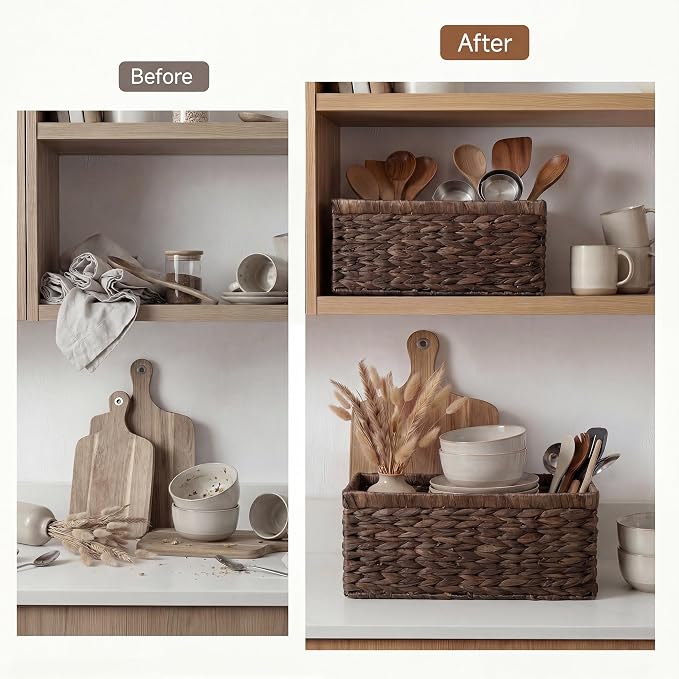 StorageWorks Large Wicker Baskets for Storage, Dark Brown Baskets, 2-Pack | Hyacinth Dark Brown Wicker Baskets with Handles, Wicker Storage Baskets for Organizing, Wicker Storage Baskets for Shelves - Image 6