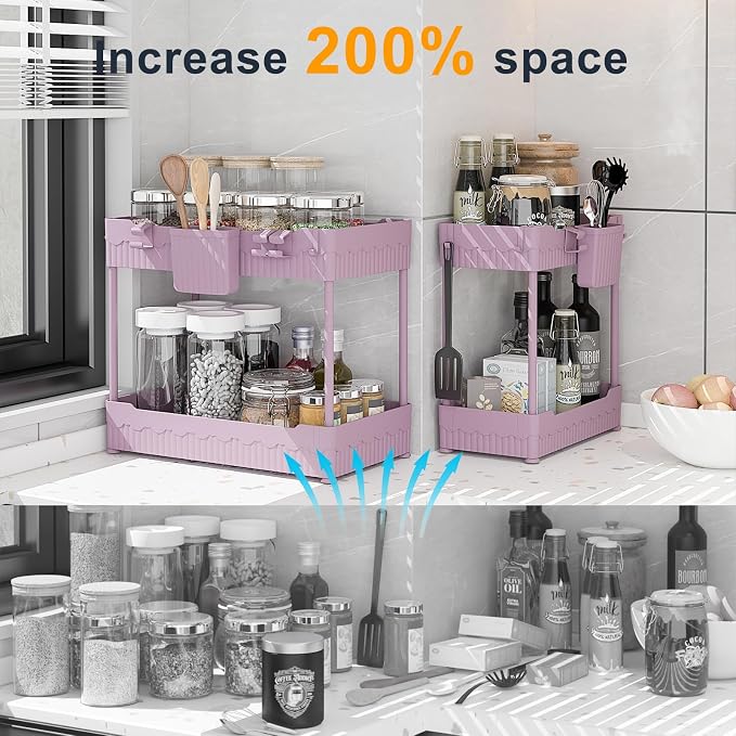 2-Pack Under Sink Organizer with Hooks & Hanging Cup for Kitchen | Multi-use kitchen & bathroom storage, 12.8 inch pink cabinet organizer, with hooks and hanging cup for easy access. - Image 2