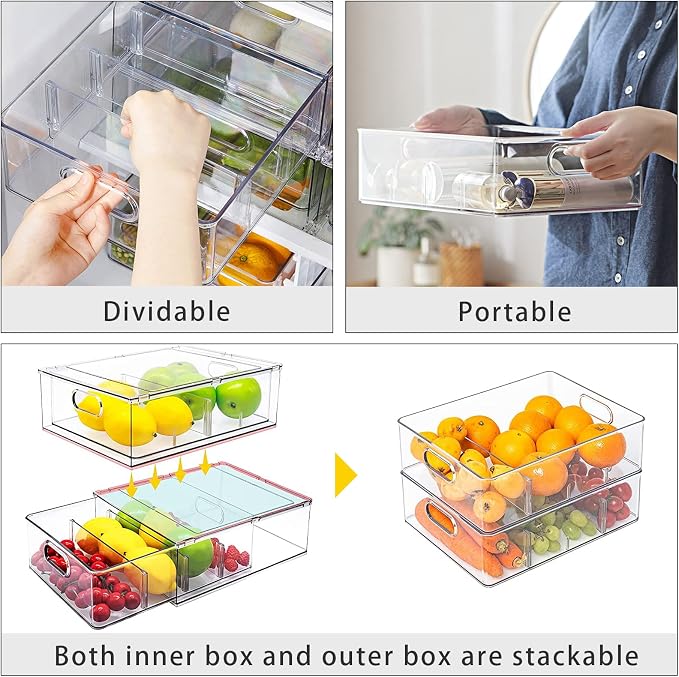 MANO 2Pack Clear Fridge Drawers Pull Out Stackable Refrigerator Drawer Organizer Bins Pantry Storage Box Plastic Food Containers for Kitchen Bathroom Office Closet (X-Large) - Image 4