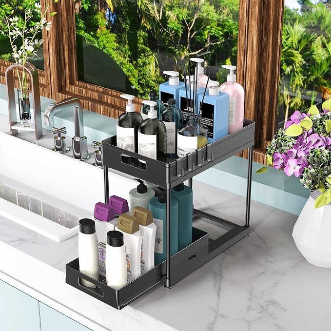 2 Pack Under Sink Organizer with Double Pull-Out Drawer, Black | 2-Tier Cabinet Storage, Kitchen & Bathroom, Tool-Free Assembly, Fits Cleaning Supplies & Toiletries, Space Saving - Image 4