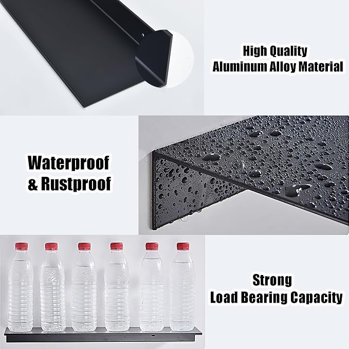 HNVNER Adhesive Shower Caddy Shelves 30cm, Metal Bathroom Wall Shelf | Black Floating Shelves 2 Pack, Renter-friendly, Drill/No Drill, Aerospace Aluminum, Rustproof & Waterproof, Supports 5kg - Image 6