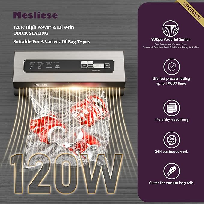Mesliese 6in1 Vacuum Sealer, Dry/Moist Modes, 2 Bag Rolls & 5 Pre-cut Bags | Silver, 90kPa Compact Vacuum Food Sealing System, Stainless Steel Panel, Smart Suction, External Vacuum for Jars, Cutter, ETL - Image 3