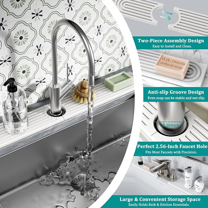 Stone Faucet Mat for Kitchen Sink - Quick Dry Diatomite Sink Splash Guard, Prevents Moisture Buildup & Water Stains, Water Absorbing Stone Tray for Bathroom Countertop (White, 23.6" x 4") - Image 7
